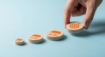 Hand placing target icon on increasing business growth blocks.