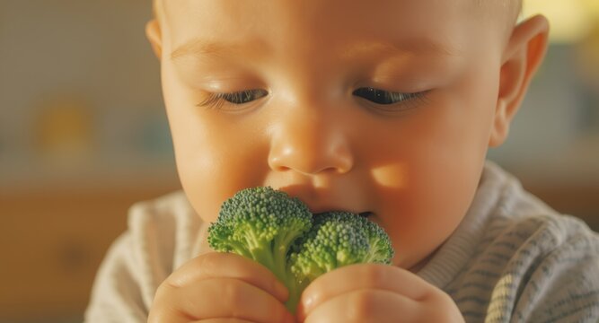 Toddler holds and bites into fresh green broccoli floret in a brightly lit indoor setting