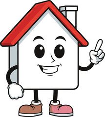 Cartoon house character illustration, smiling home mascot with pointing hand, real estate promotion artwork, property concept drawing, cad drawing flat vector illustration