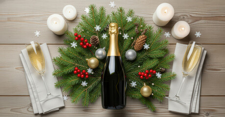 Champagne bottle with holiday decorations on wooden table