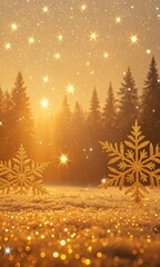Sparkling Golden Winter Forest Scene with Falling Snowflakes and Gentle Sunlight Rays Illuminating the Festive Atmosphere