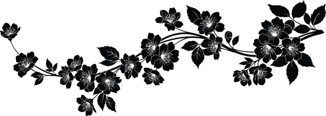 Elegant black silhouette of a blooming cherry blossom branch with delicate flowers and leaves on a white background