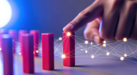 Hand Pushing Dominoes, Business Strategy and Connection Concept.