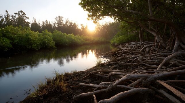 Intricate mangrove roots line a serene river reflecting the warm glow of a golden sunset with lush green trees and calm water - Powered by Adobe