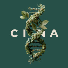 Abstract dna helix with foliage against a green backdrop for biology concepts