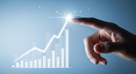 Hand Touching Upward Trend Graph, Business Growth Concept.