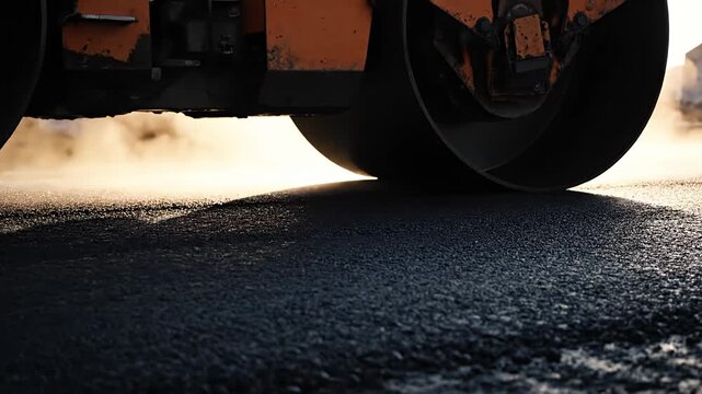 Close-up of road roller drum compacting hot asphalt during road construction
