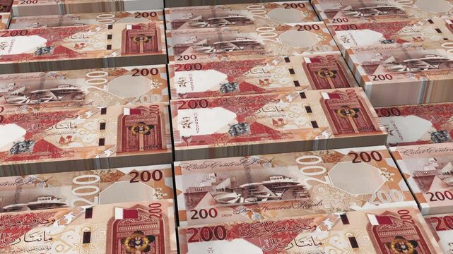 Qatar 200 Riyal Banknote Horizontal 3D Animation ? Alternate Realistic Style Depicting Money Flow, Finance, Economy, Business, Investment, and Currency Exchange