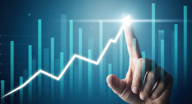 Hand Touching Upward Trend Line on Financial Chart.