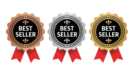Best seller award medals: gold, silver, bronze badges with red ribbons. ideal for top product recognition, sales achievement, quality, and premium brand status.