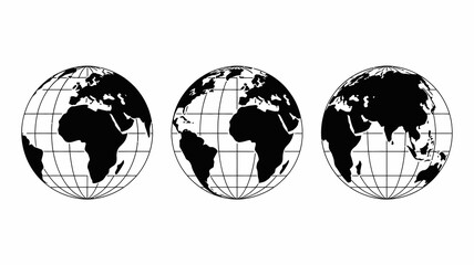 Three black and white vector globe icons displaying various continental views and global perspectives on a clean background, ideal for world map illustrations and earth-related concepts. © Ultimate