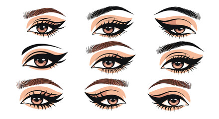 Different artistic makeup looks for eyes showing various eyeliner styles and eyeshadow applications.