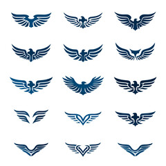 Abstract eagle wing icons collection with various styles on white background