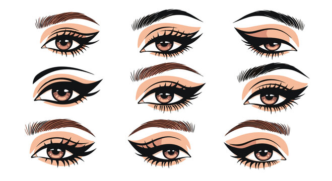 Different artistic makeup looks for eyes showing various eyeliner styles and eyeshadow applications.