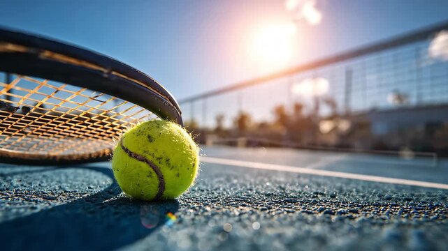 Tennis ball and racket on a blue court under the bright sunlight, 4k video