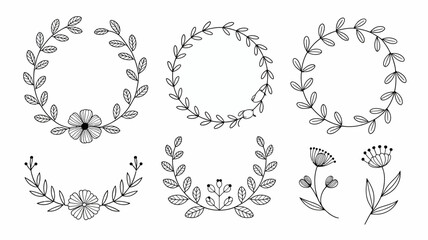 Hand-drawn botanical wreaths and diverse floral elements vector set, perfect for elegant wedding invitations, greeting cards, decorative borders, frames, and nature-inspired spring designs.