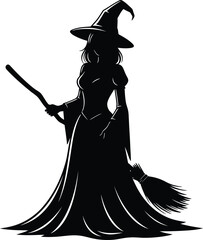 Elegant silhouette of a witch in a flowing gown holding a broomstick and wand
