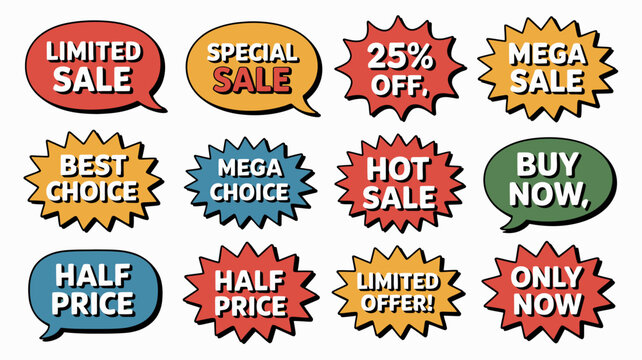 Colorful comic-style sales badges set with essential promotional messages including limited sale, special offer, 25% off, hot sale, and buy now for all marketing.