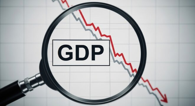 Magnifying glass focusing on gdp graph showing economic decline and recession