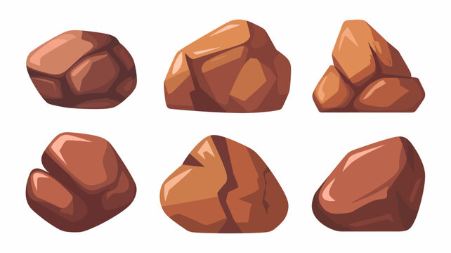 Collection of six distinct brown cartoon rocks, various shapes and sizes, weathered texture, natural elements for game assets, land art, or geological designs, isolated on a white background.