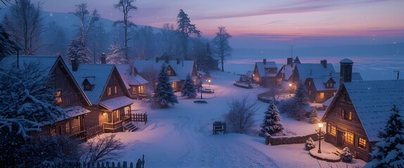 Magical Snowy Christmas Village with Warm Evening Lights