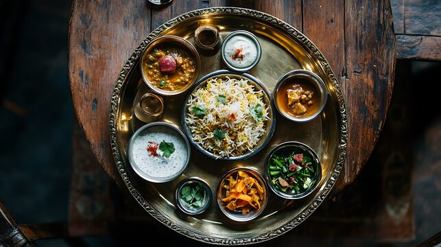 Hyderabadi biryani in a traditional brass plate, with side dishes like raita and salan, intricate Indian tableware