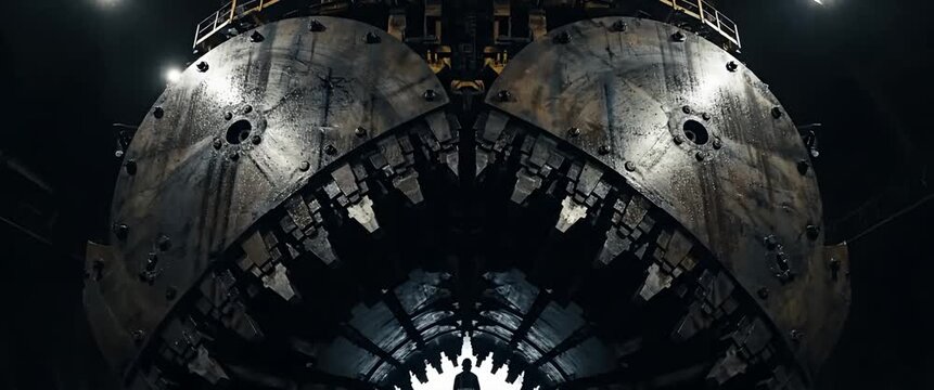 Massive industrial machinery drill head cutting mechanism in dark factory