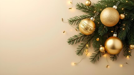 Christmas Background with Gold Baubles, Pine Branch, and Twinkle Lights