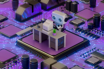 3D robot working on microchip platform with neon circuits