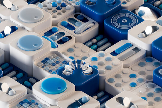 3D blue tech grid units in system interface layout