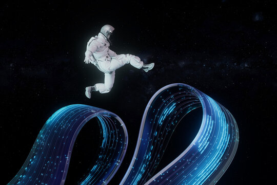 3D astronaut jumping over data stream over space backdrop