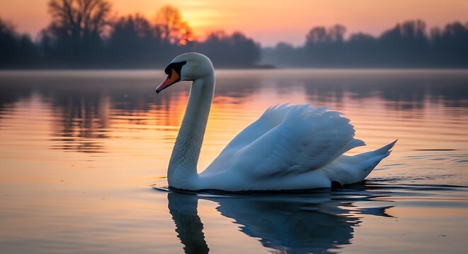 A graceful white bird floats serenely on a misty lake at dawn, reflecting the warm hues of the sunrise