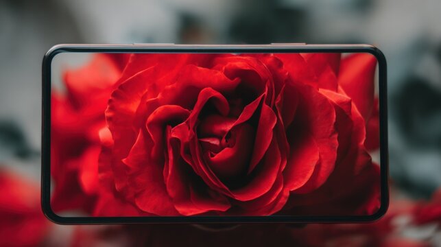 Red Rose On Smartphone Screen Close Up Of Vibrant Petals For Romantic Mobile Image