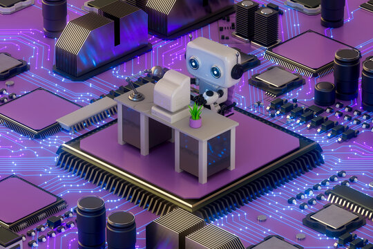 3D robot working on microchip platform with neon circuits