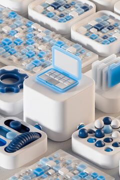 3D laptop with data cubes and digital tech blocks