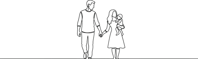 Minimalist continuous line drawing of a loving family walking together holding hands with a baby