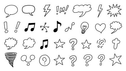 Hand-drawn set of diverse doodle icons including speech bubbles, question marks, stars, musical notes, lightning, and exclamations for communication visuals.