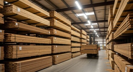 Forklift transporting lumber stacks inside a large warehouse with bright lighting