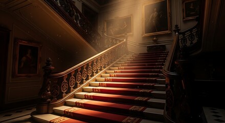 A grand, ornate staircase with a red carpet ascends in a stately building. Sunlight streams through, illuminating the scene