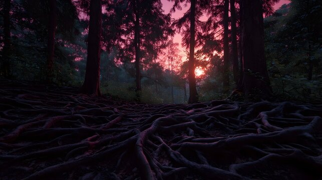 A dense forest floor covered in ancient gnarled roots with a vibrant pink sunset filtering through the tall trees above - Powered by Adobe