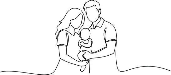 Minimalist continuous line drawing of a loving family with a baby held by parents