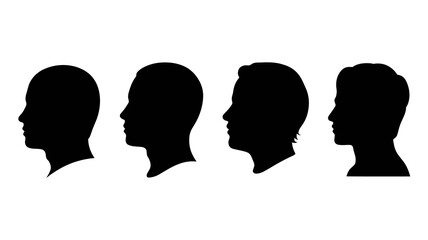 Four distinct male head silhouettes in profile view, symbolizing individuality, diversity, and generic representation for various digital applications and identity concepts.