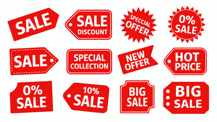 Collection of red sale tags, discount labels, special offer stickers, and promotional banners in various shapes for retail marketing and price reduction announcements.