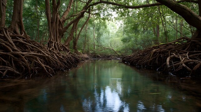 A tranquil forest scene with a river reflecting the lush green trees and intricate exposed root systems