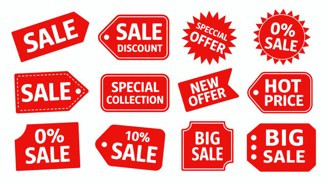 Collection of red sale tags, discount labels, special offer stickers, and promotional banners in various shapes for retail marketing and price reduction announcements.