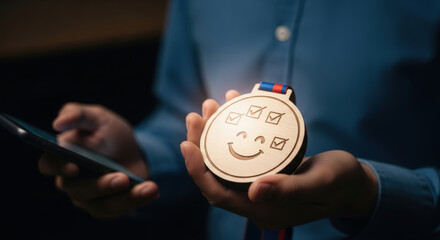 Person Holding Gold Medal with Smiley Face and Smartphone.