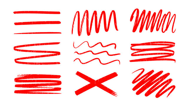 Hand drawn red marker lines, grunge scribbles, wavy underlines, zigzags, and cross mark. versatile design elements for annotation, correction, emphasis, and artistic expression.
