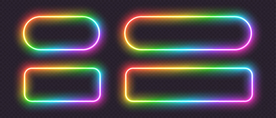 Neon glowing frames, rainbow banners light effect, bright illuminated borders. Rectangular spectrum design elements. Vector light effect.