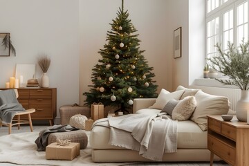 Bright Scandinavian Living Room with Christmas Tree and Cozy Furniture