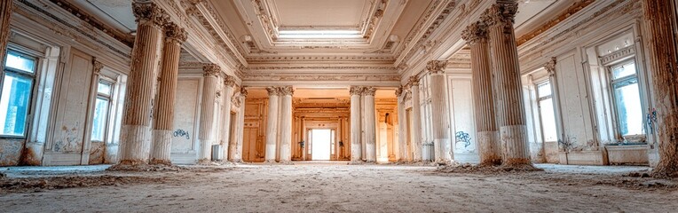 Naklejka premium Dust covers the floor of a once-grand hall with tall columns and peeling walls, showing signs of neglect